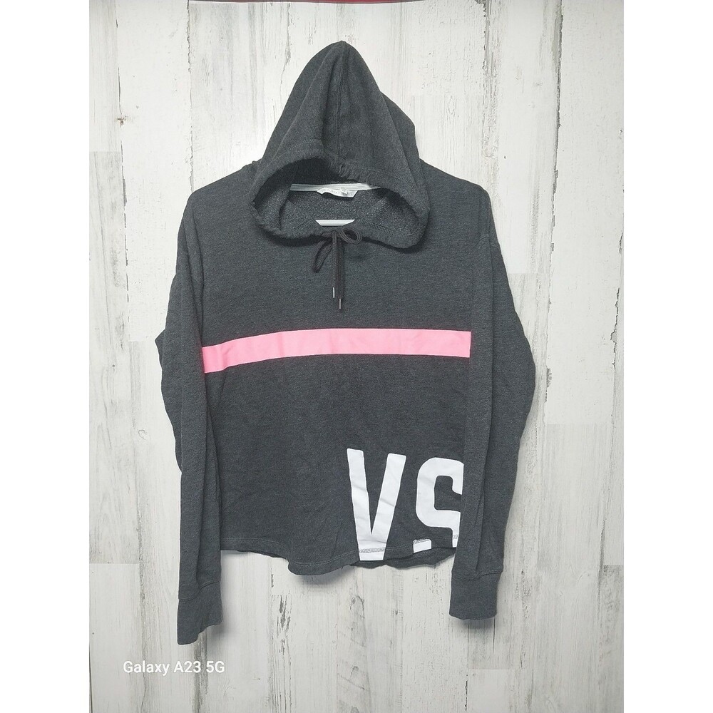 Victoria's Secret Women's Gray Pink Stripe Logo Hoodie Top Size Small Lounge